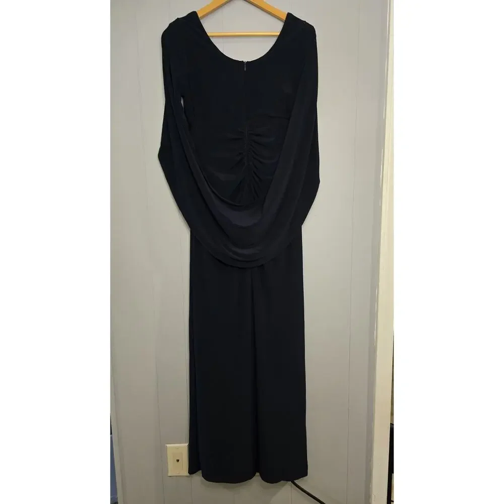 R&M Richards Navy Blue‎ Cape Back Ruched Maxi Evening Gown Dress 6 Rhinestones